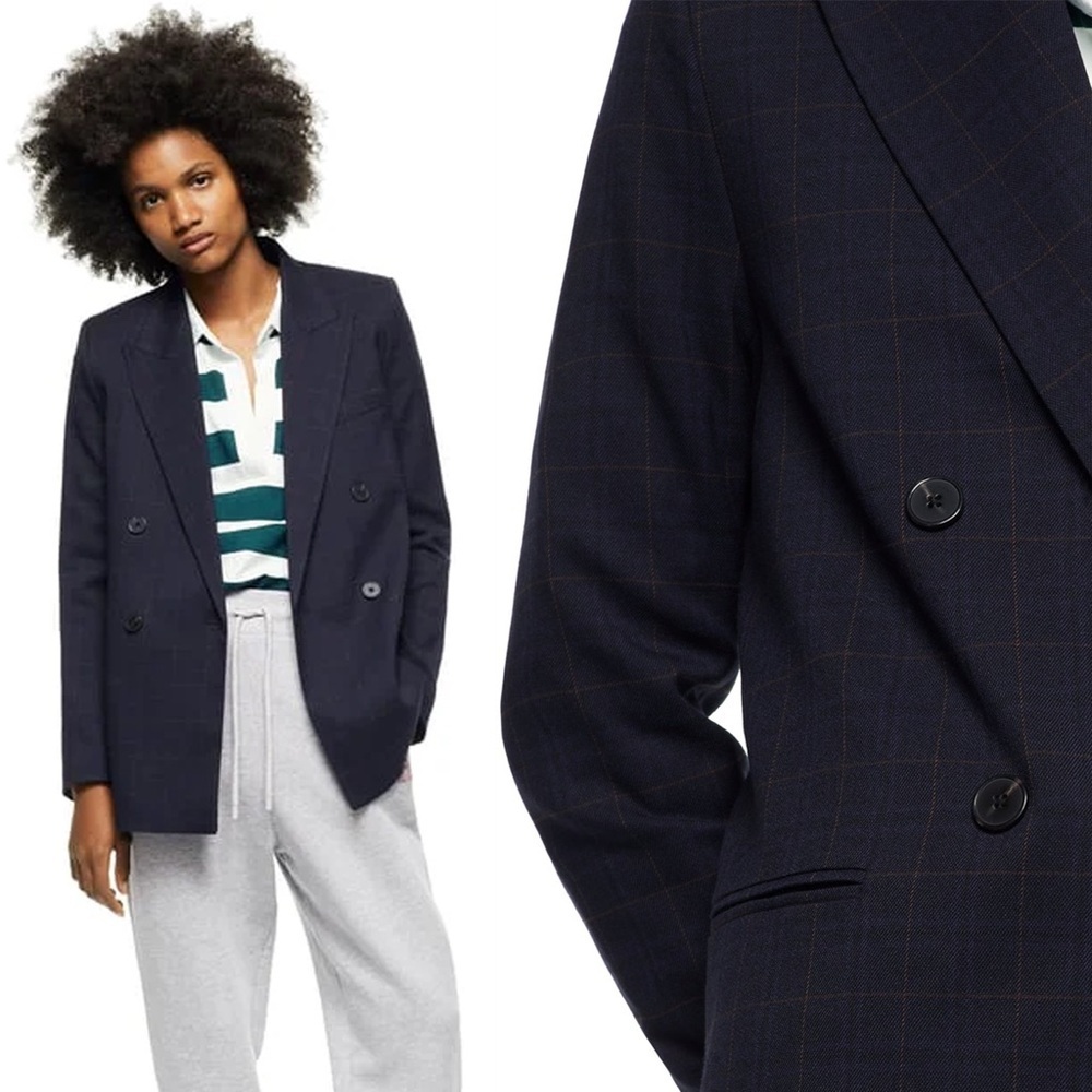 Zara - Double Breasted Windowpane Blazer - Navy